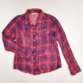 This is a women's red and blue plaid flannel shirt, size L.