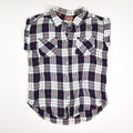This women's blue plaid flannel sleeveless shirt by Jachs Girlfriend is a size XL.