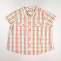 This is a peach and green plaid short sleeve blouse, size 26/28W, by Essentials by Maggie.