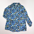 This is a blue, silky blouse with pansies, size XS, by Joan Rivers.