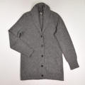 This is a long buttoned grey cardigan sweater from J. Crew, Size L.