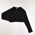 This is a women's black cropped activewear shirt, size M.
