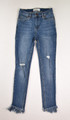 This is a pair of blue distressed skinny jeans by Free People, Size 26.