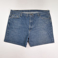 This is a pair of blue denim Wrangler shorts, size 46.