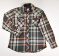 This is a snap front, brown and green plaid flannel shirt by Wrangler, size L.