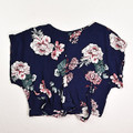 Women's Blue Floral Tie Crop Blouse Size M