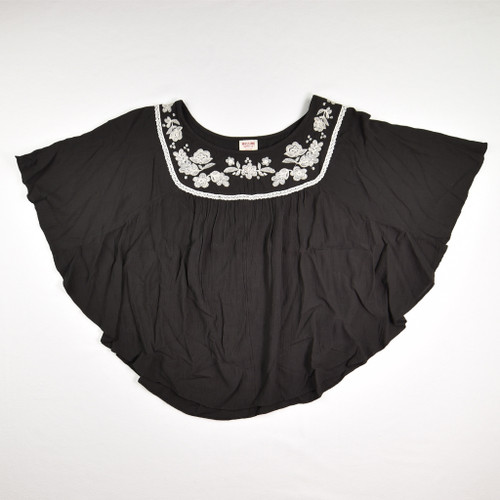 This is a Black Batwing Blouse with White Embroidered Accent, Size S.