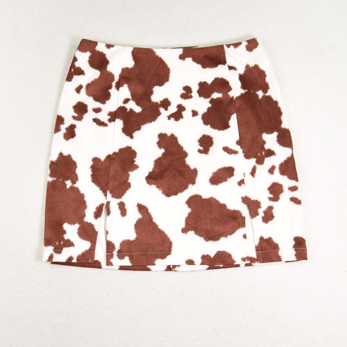 This brown and white cow print skirt, size S, is by Blue Rain.