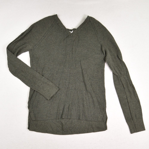 This is an olive green long sleeve sweater, Size S.