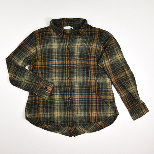 This women's green and brown plaid flannel shirt, size S, is from Keren Hart.