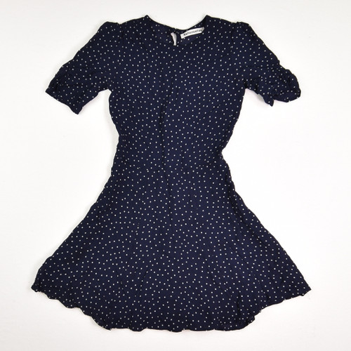 This blue polka dot dress by Reformation is a size 2.