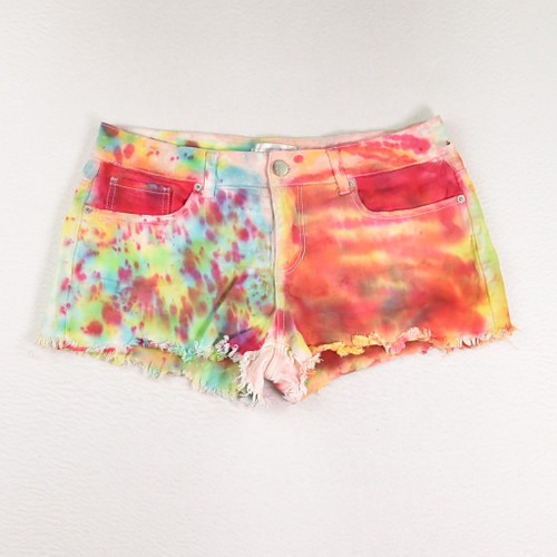 This is a pair of Women's Tie-Dye Denim Cut Off Shorts, Size 15, by No Boundaries.