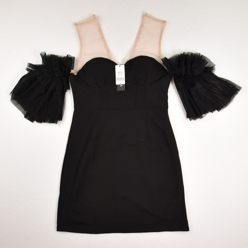 This black dress, size M by Garcia, has cream color and black net sleeves.
