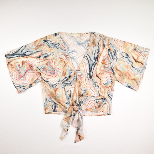 This is a Women's V-Neck Multi-Color Short Sleeve Tied Blouse by Lovestitch, Size M.