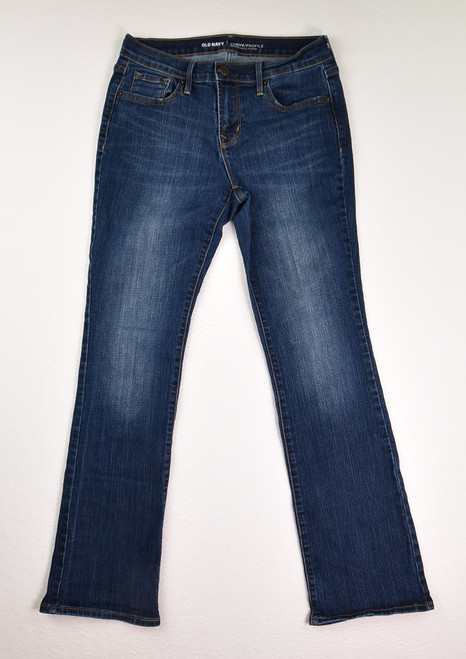 This is a pair of blue mid-rise curvy jeans by Old Navy, Size 4P