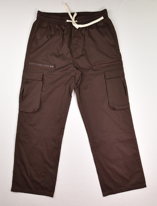 This is a pair of brown polyester cargo pants, size XL.