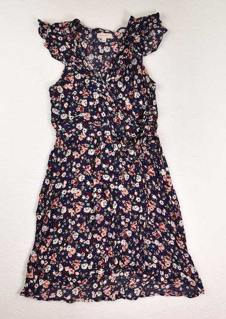 This is a blue floral rayon wrap dress by Gilli, Size S.