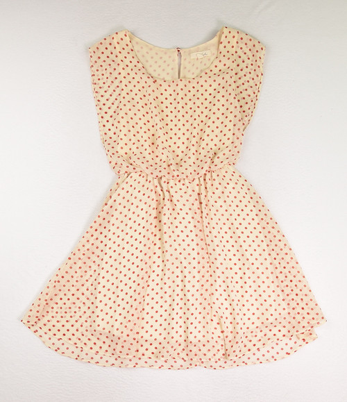 This is a cream and red polka dot sheer, lined dress, size XS, by Lush.