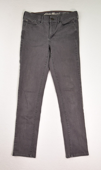 This is a pair of grey slightly curvy, slim straight jeans by Eddie Bauer, Size 6.