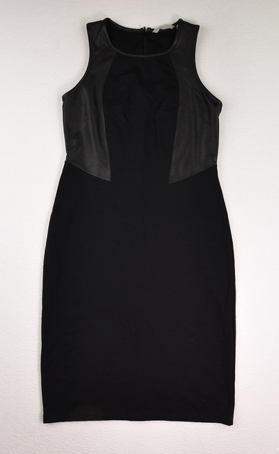 This is a black knit sleeveless dress with faux leather insets, size M, by Athleta.