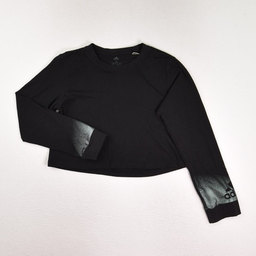 This is a black, long sleeve, cropped activewear shirt by Adidas, Size S.
