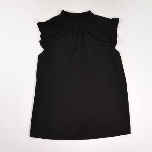 This is a black women's ruffled sleeveless blouse Size S.