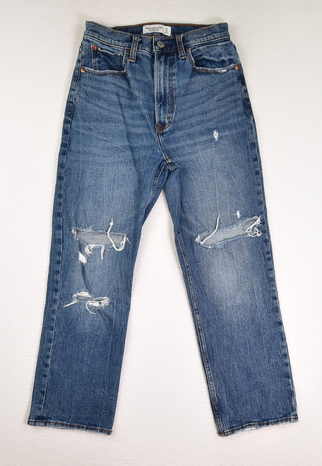 This is a pair of blue distressed Curve Love jeans by Abercrombie & Fitch, Size 4S.
