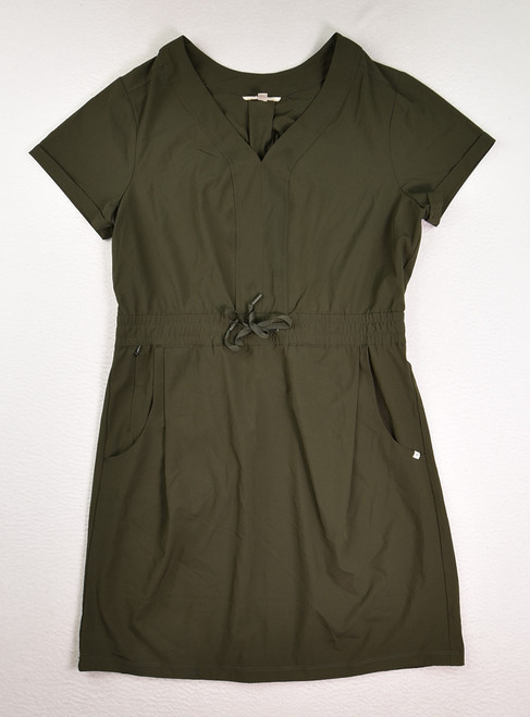 This is an olive green, drawstring waist, activewear dress by Marika, Size L.