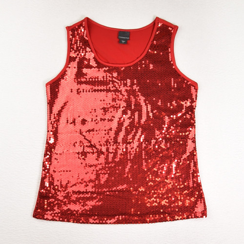 This is a red, sequined tank by Covington, Size S.