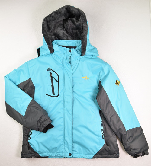 This is a teal and grey men's heavy weight winter jacket with hood, size L, by Wantdo.