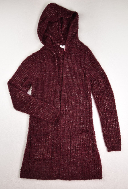 This is a burgundy, hooded cardigan with front pockets, size S, from No Boundaries.