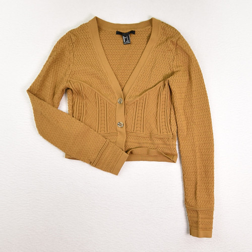 This is a brown, cropped cardigan with a crochet design, size S, from Forever 21.