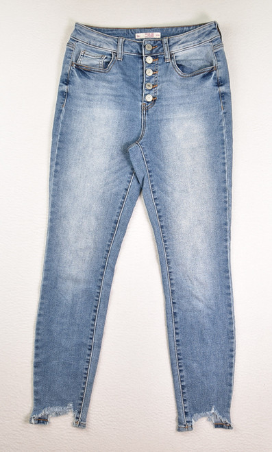 This is a pair of blue, vintage vibe, high rise, ankle skinny jeans by So, Size 9.