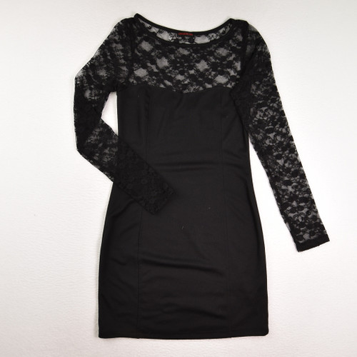 This is a black, form fitting dress with lace sleeves and bodice, size L, by Crimson Ivy.