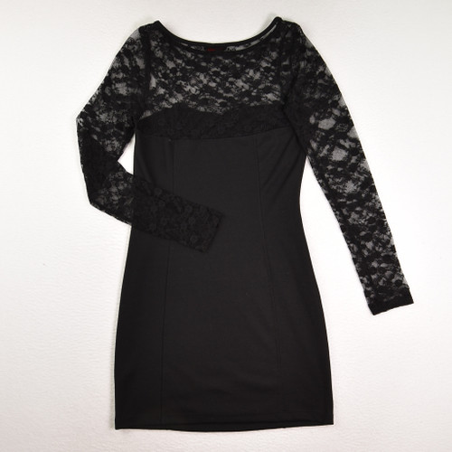 Women's Black Dress with Lace Bodice & Sleeves, Size L
