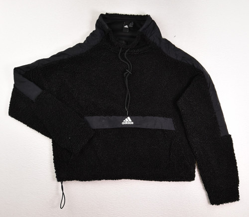 This black pullover sweatshirt by Adidas has a drawstring neckline and a zippered front pocket, size S.