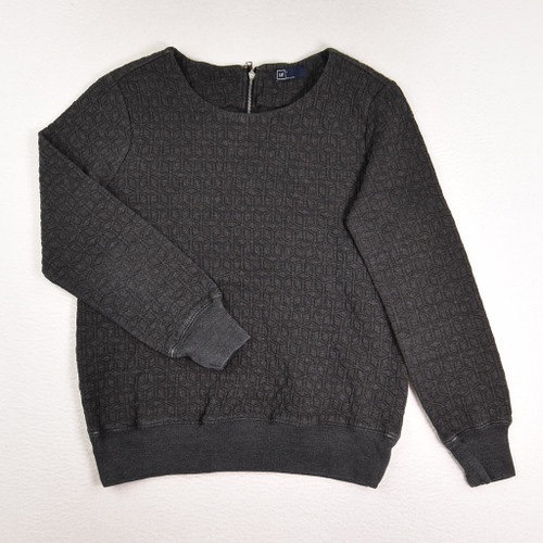 This is a charcoal, embossed sweatshirt with a zippered back, size M, by Gap.
