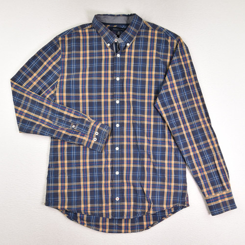 This is a men's blue plaid button up slim fit shirt by Tommy Hilfiger, Size L.