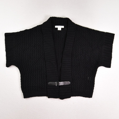 This is a black, short cardigan with buckle closure by August Silk, Size M.