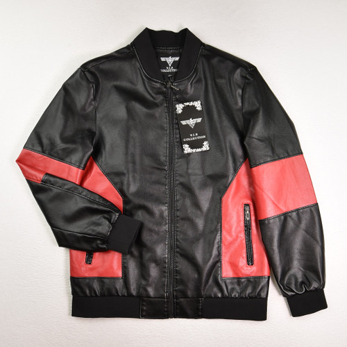 This is a men's black and red pleather jacket by V.I.P. Collection, Size XL.