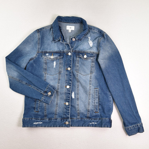 This is a blue, distressed denim jacket by BP, Size S.