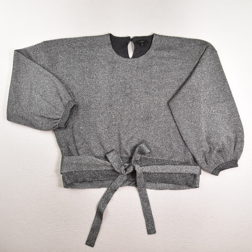 This is a silver, sparkly sweater with a tie at the hem, by J. Crew, Size 2X.