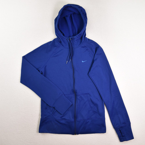 This is a blue Nike zip front therma-fit hoodie, size S.