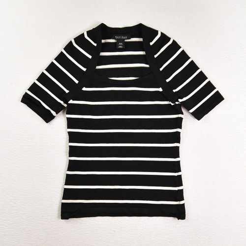 This is a black and white stripe knit shirt by White House Black Market, Size XXS.