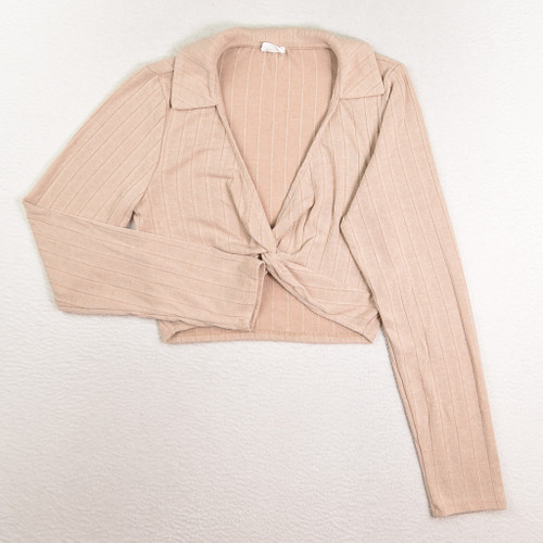 This is a short, tie front sweater by Lelis, Size M.
