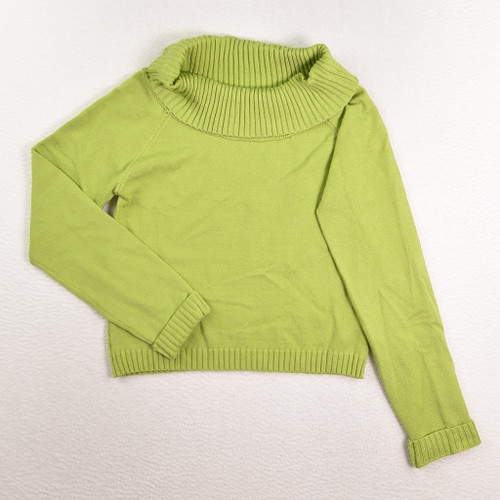 This is a lime green, cropped cowl neck sweater, size M.