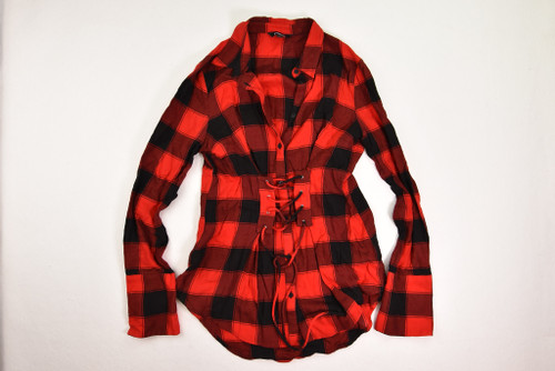 Women's Express Size Small Black And Red Buffalo Check Flannel Shirt With Lace Up Front
