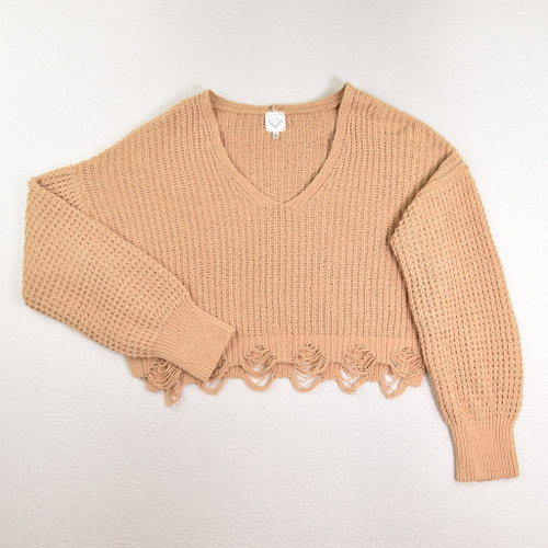 This is a Women's Tan Cropped V-Neck Sweater by Freshman 1996, Size XS. Very Soft!