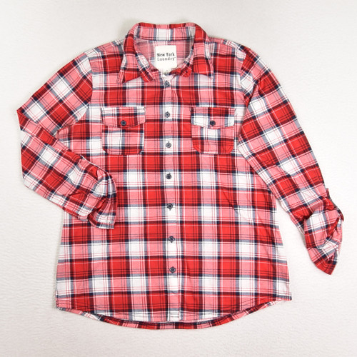 This is a Women's Red & Blue Plaid Flannel Shirt by New York Laundry, Size S.