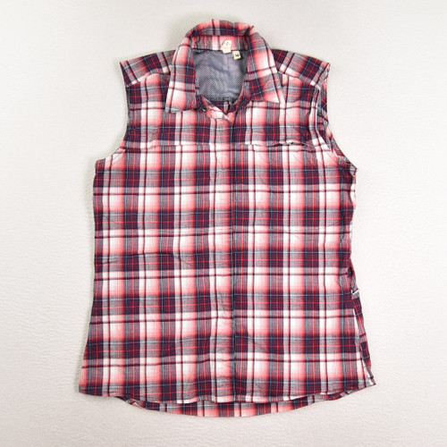 This is a Women's Dakini Sleeveless Plaid Blouse with Snaps, Size M.